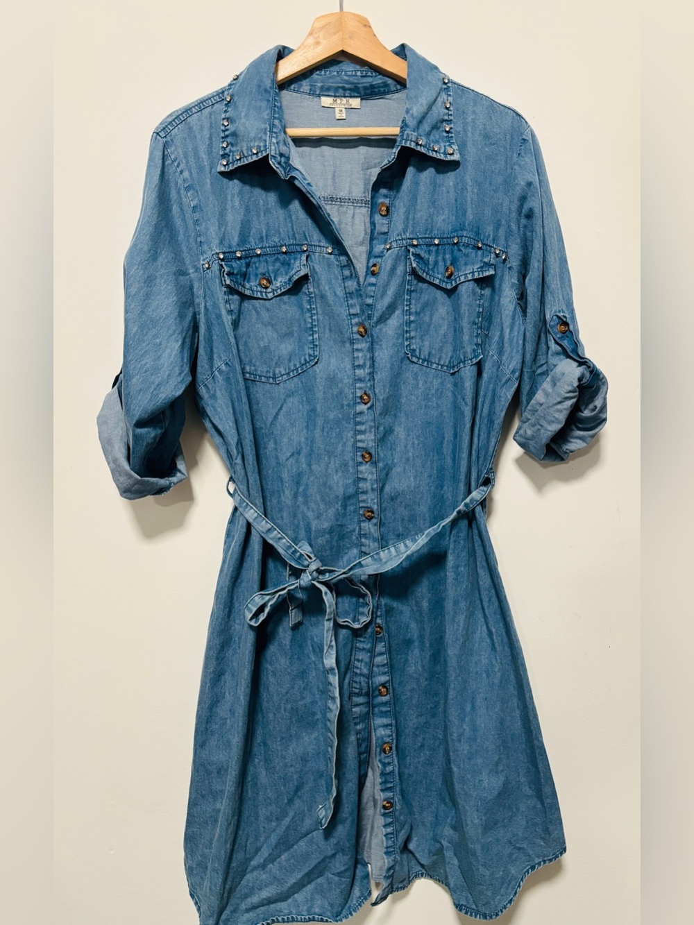 MPH COLLECTION Denim Button Down Long Sleeve Dress With Rhinestone Size 1X